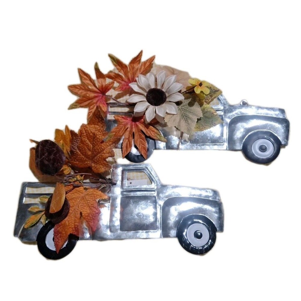 2- PC. DG Farm Trucks Silver Floral Wall Hang Decoration 12" Long 4".5 Wide NEW